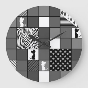 Grande Horloge Ronde Rustique, Populaire, Noir et blanc, Patchwork, Sim