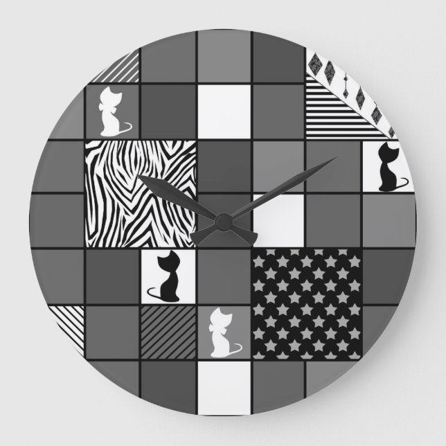 Grande Horloge Ronde Rustique, Populaire, Noir et blanc, Patchwork, Sim (Recto)