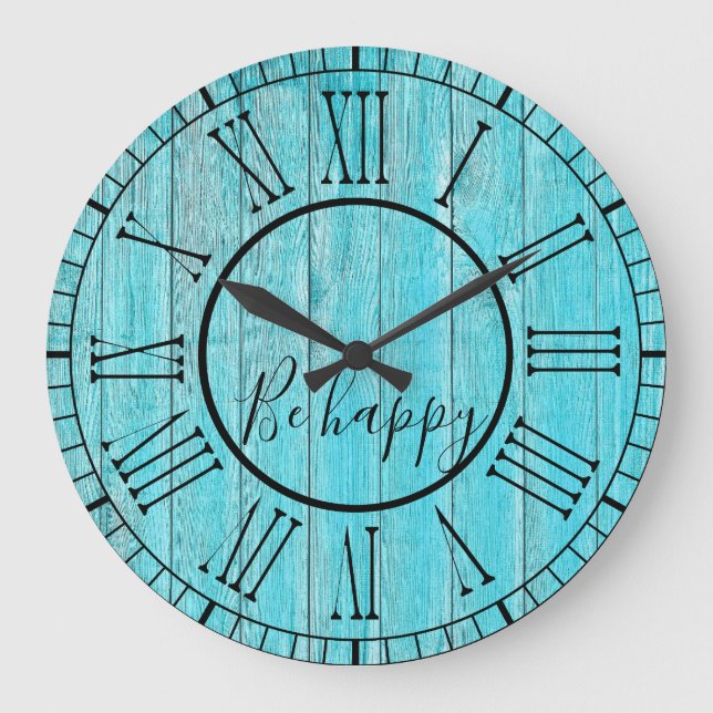 Grande Horloge Ronde Rustique Turquoise Bleu Bois Soyez heureux Citatio (Recto)