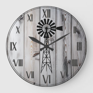 Grande Horloge Ronde Rustique Vintage en bois blanc Ferme et moulin