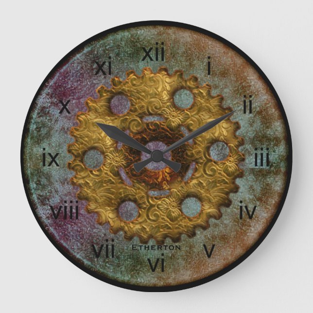 Grande Horloge Ronde Rusty Blue and Brass Tones Steampunk Clock (Recto)