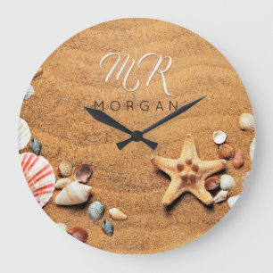 Grande Horloge Ronde Sable & Coquillages, DIY Nom & Monogramme, Écritur