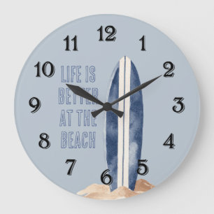 Grande Horloge Ronde Sable de plage côtière bleu blanc planche de surf