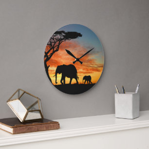 Grande Horloge Ronde Safari Afrique Sunset Elephant Silhouette Art