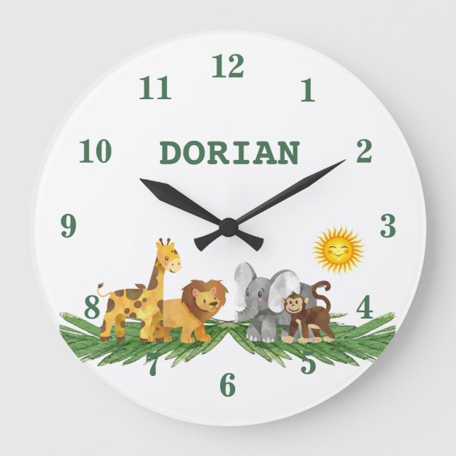 Grande Horloge Ronde Safari Animals Nursery Wall Clock (Recto)