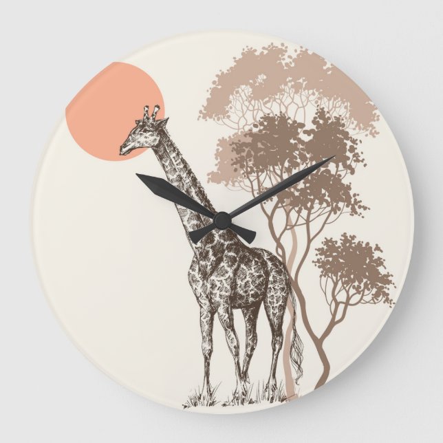 Grande Horloge Ronde Safari Coucher de soleil Giraffe Paysage naturel (Recto)