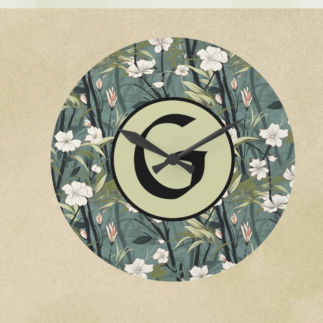 Grande Horloge Ronde Sage Green Chinoiserie Floral White Initial  (Créateur téléchargé)