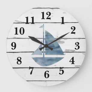 Grande Horloge Ronde Sailboat Nautical Blue Anchor Shiplap Rustic
