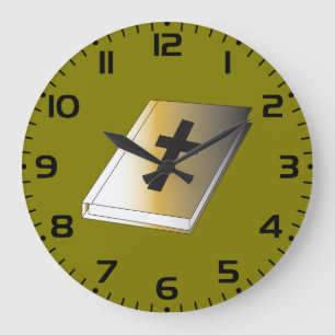 Grande Horloge Ronde Sainte Bible dorée avec croix noire religieuse