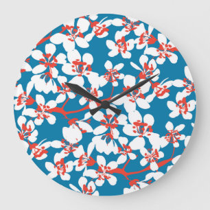 Grande Horloge Ronde Sakura blanc, motif arrière - plan bleu classique.