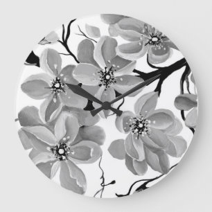 Grande Horloge Ronde Sakura Cerisier japonais noir et blanc