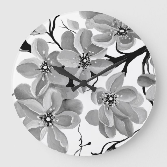 Grande Horloge Ronde Sakura Cerisier japonais noir et blanc  (Recto)