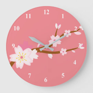 Grande Horloge Ronde Sakura rouge vif, fleurs de cerisiers japonais