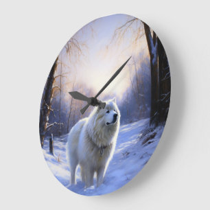 Grande Horloge Ronde Samoyède Qu'il neige Noël