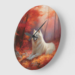 Grande Horloge Ronde Samoyédique en automne feuilles tombées inspirent