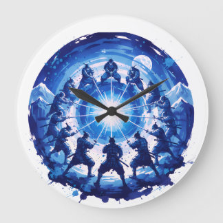 Grande Horloge Ronde Samurai Unity Japanese Blue Ink Art Circular
