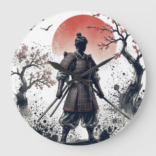 Grande Horloge Ronde Samurai Warrior with Twin Katanas Sunset Art