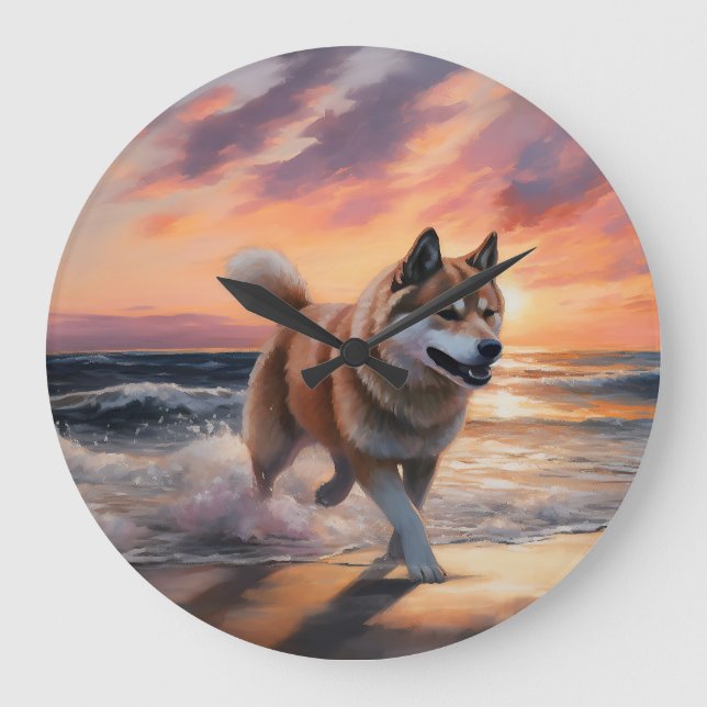 Grande Horloge Ronde Sandy Paws Akita Chien sur le coucher du soleil de (Recto)