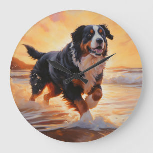 Grande Horloge Ronde Sandy Paws Bernese Mountain Dog on Beach Sunset