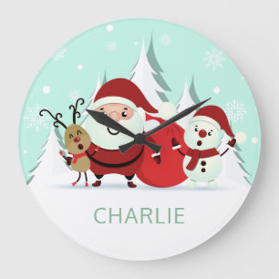 Grande Horloge Ronde Santa, Reindeer & Snowman custom name wall clocks