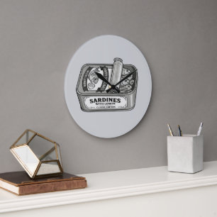 Grande Horloge Ronde Sardines en conserve vintage en noir et blanc