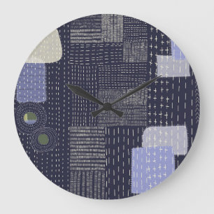 Grande Horloge Ronde sashiko japonais coutures ressemblant à un motif