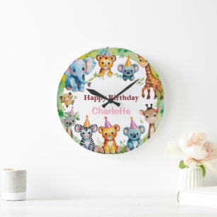 Grande Horloge Ronde Sauvage Tropical Une Jungle Safari Animaux Anniver