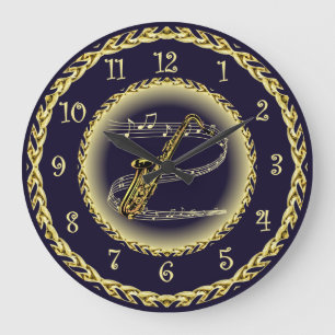 Grande Horloge Ronde Saxophone ~ Scroll musical ~ Gold/Navy Blue ~