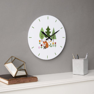 Grande Horloge Ronde Scandinavian Style Fox Flowers Trees Illustration