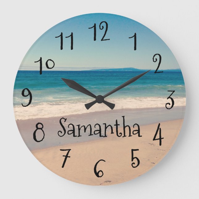 Grande Horloge Ronde Scène Aqua Beach personnalisée Texte noir (Recto)