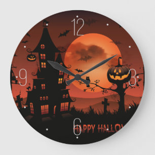 Grande Horloge Ronde Scène de cimetière d'Halloween Chauve-souris citro
