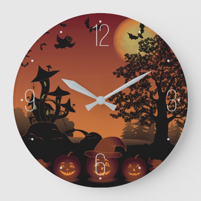 Grande Horloge Ronde Scène de cimetière d'Halloween Chauve-souris citro (Recto)