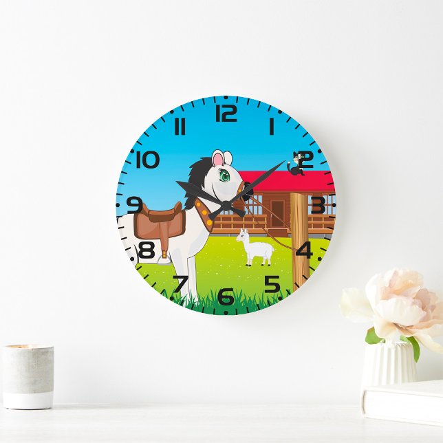 Grande Horloge Ronde Scène de dessin animé de ferme avec un cheval, un  (Créateur téléchargé)