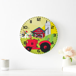 Grande Horloge Ronde Scène de ferme avec coq chantant sur tracteur