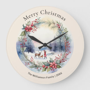 Grande Horloge Ronde Scène de neige hivernale à l'aquarelle élégante