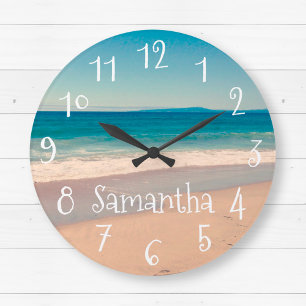 Grande Horloge Ronde Scène de plage Aqua personnalisée