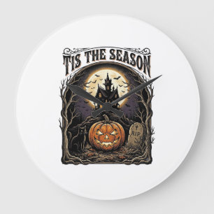 Grande Horloge Ronde Scène de saison vintage citrouille chat Halloween