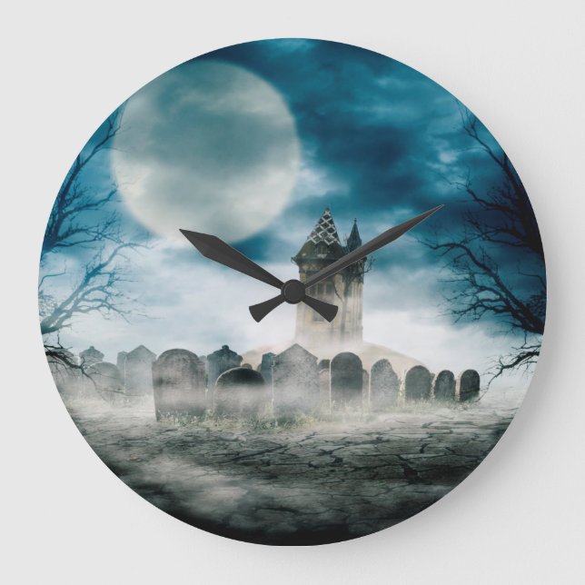 Grande Horloge Ronde Scène d'Halloween. Maison hantée sur un cimetière (Recto)