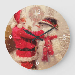 Grande Horloge Ronde Scène vintage de bonhomme de neige de Père Noël