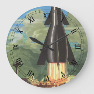 Grande Horloge Ronde Science-fiction vintage, Fusées qui s'envolent hor
