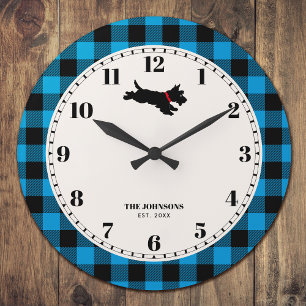 Grande Horloge Ronde Scottie Chien Plaid Nom personnalisé bleu