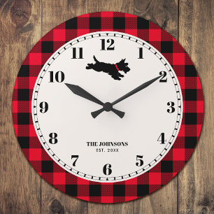 Grande Horloge Ronde Scottie Chien Plaid Nom personnalisé Rouge