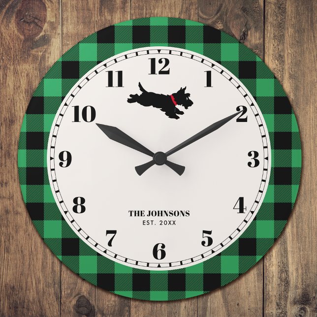Grande Horloge Ronde Scottie Chien Plaid Nom personnalisé Vert (Créateur téléchargé)