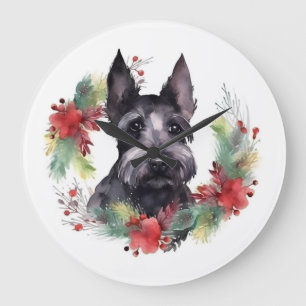 Grande Horloge Ronde Scottish Terrier Christmas Wreath Festive Pup