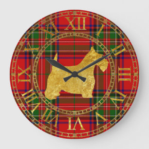 Grande Horloge Ronde Scottish Terrier Gold et Plaid