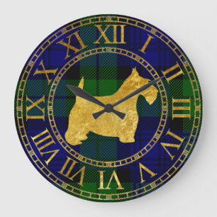 Grande Horloge Ronde Scottish Terrier Gold et Plaid