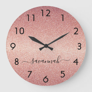 Grande Horloge Ronde Script de nom de parties scintillant d'or rose