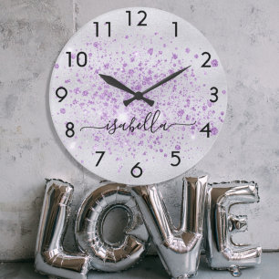 Grande Horloge Ronde Script de nom violet de parties scintillant d'arge
