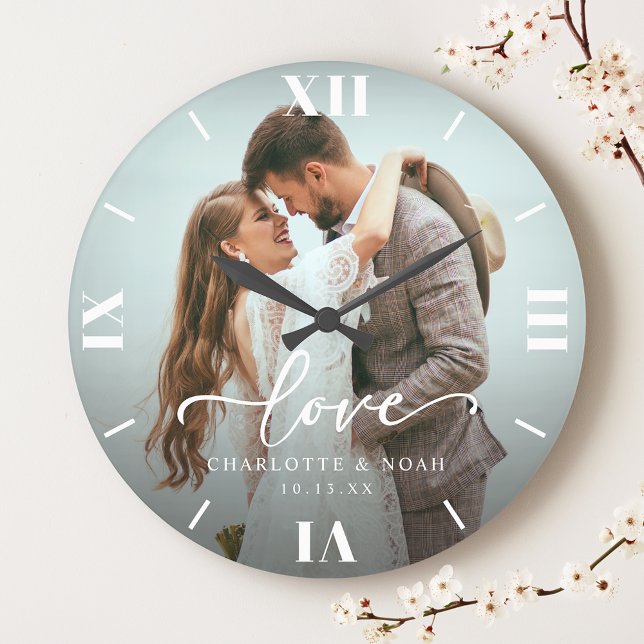 Grande Horloge Ronde Script de photo de mariage  (Créateur téléchargé)