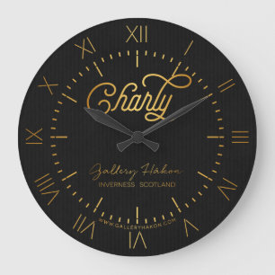 Grande Horloge Ronde Script élégant personnalisé Charly Gold Black